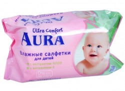 Салфетки влажные детские, Aura (Аура) 100 шт Ультра комфорт алоэ + витамин Е гипоаллергенные с крышкой